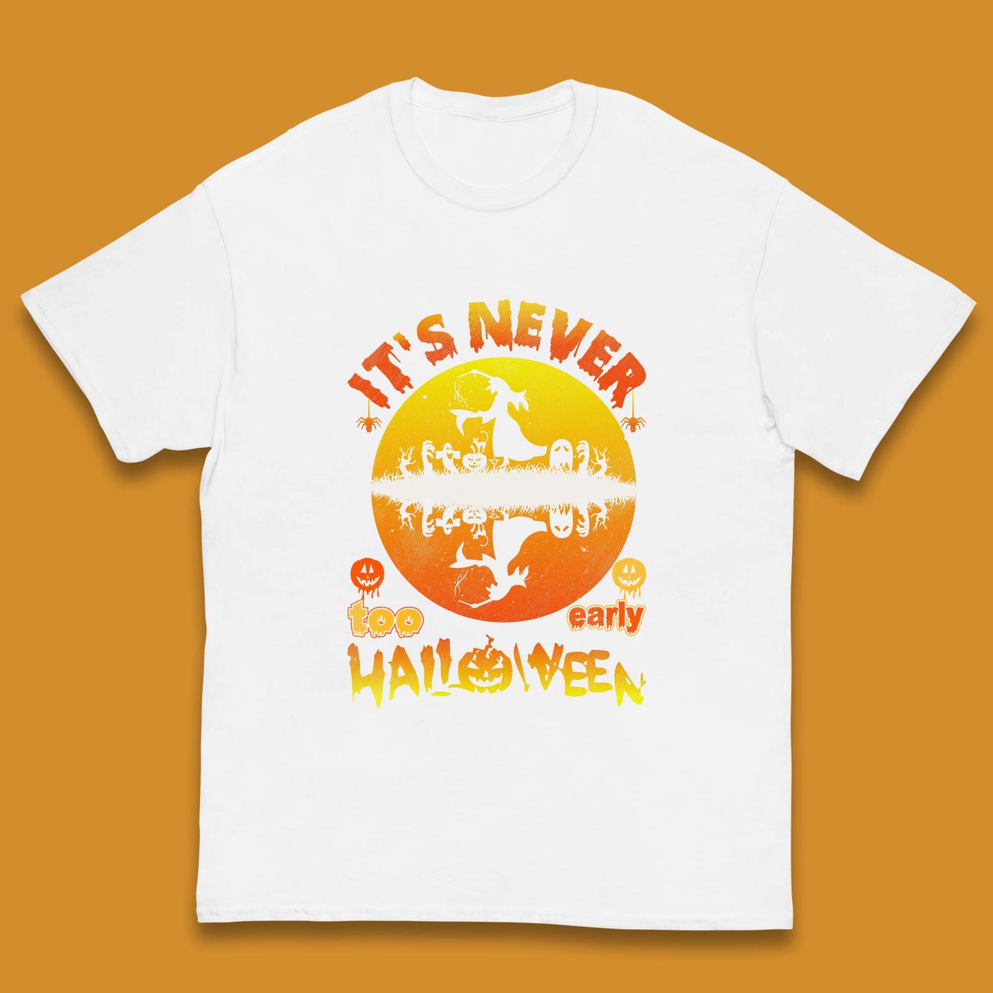 It's Never Too Early Halloween Witch Flying On Broomstick Over Lake Scary Spooky Season Kids T Shirt