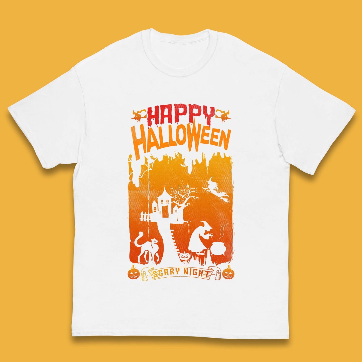 Happy Halloween Horror Hunted House Flying Witch Scary Spooky Night Kids T Shirt