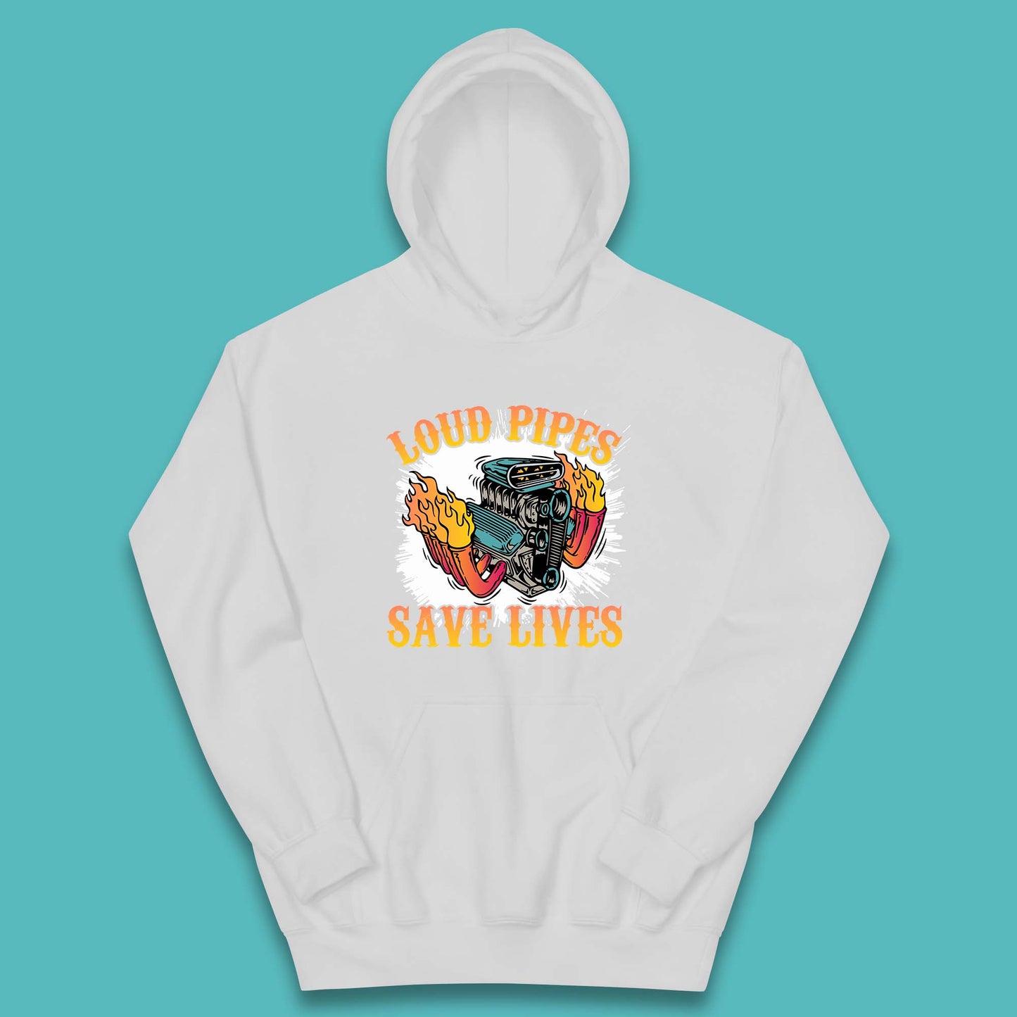 Loud Pipes Save Lives Hot Rod Motor Vehicle Flaming Engine Kids Hoodie