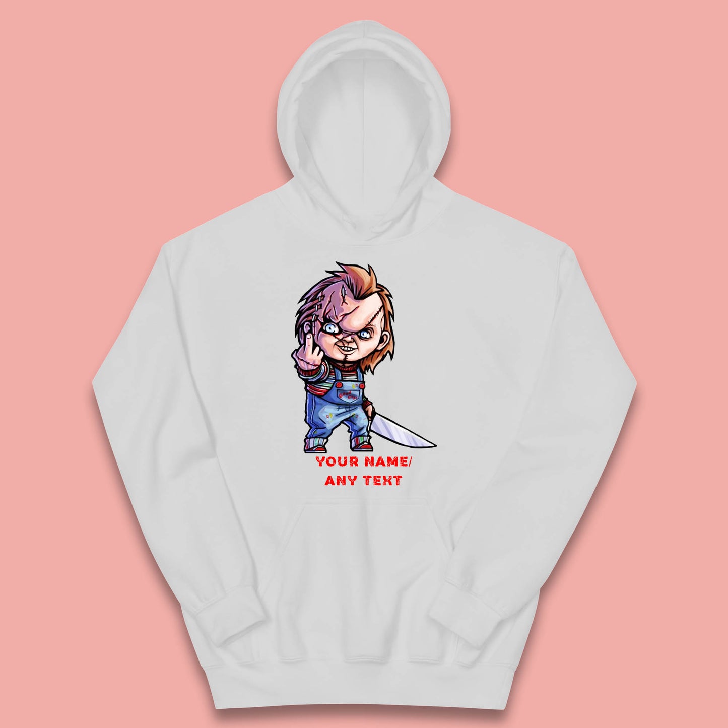 Personalised Chucky With Knife Your Name Or Text Halloween Horror Movie Character Kids Hoodie