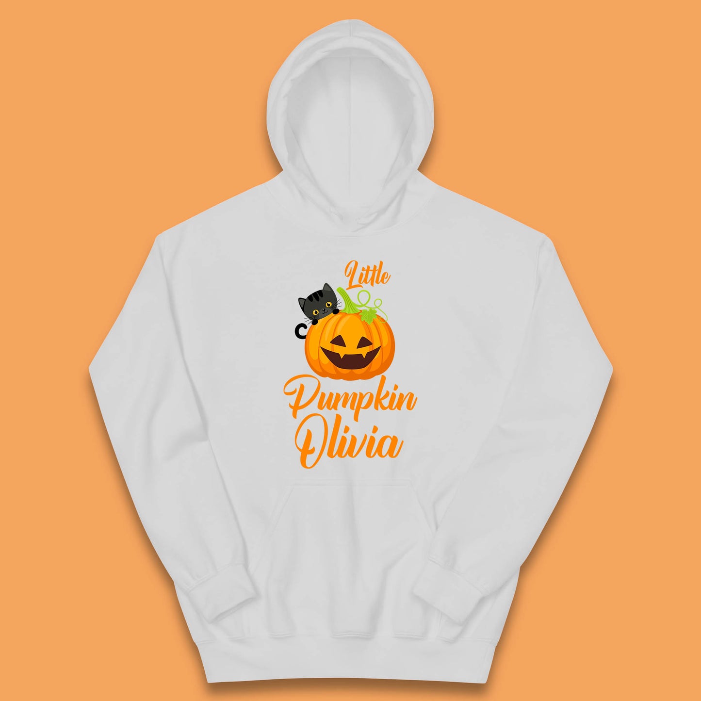 Personalised Little Pumpkin Your Name Black Cat Witch On Pumpkin Kids Hoodie