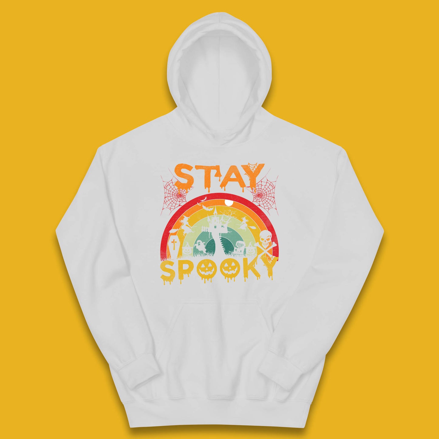 Stay Spooky Vintage Halloween Hunted House Dark Night Full Moon And Flying Bats Kids Hoodie