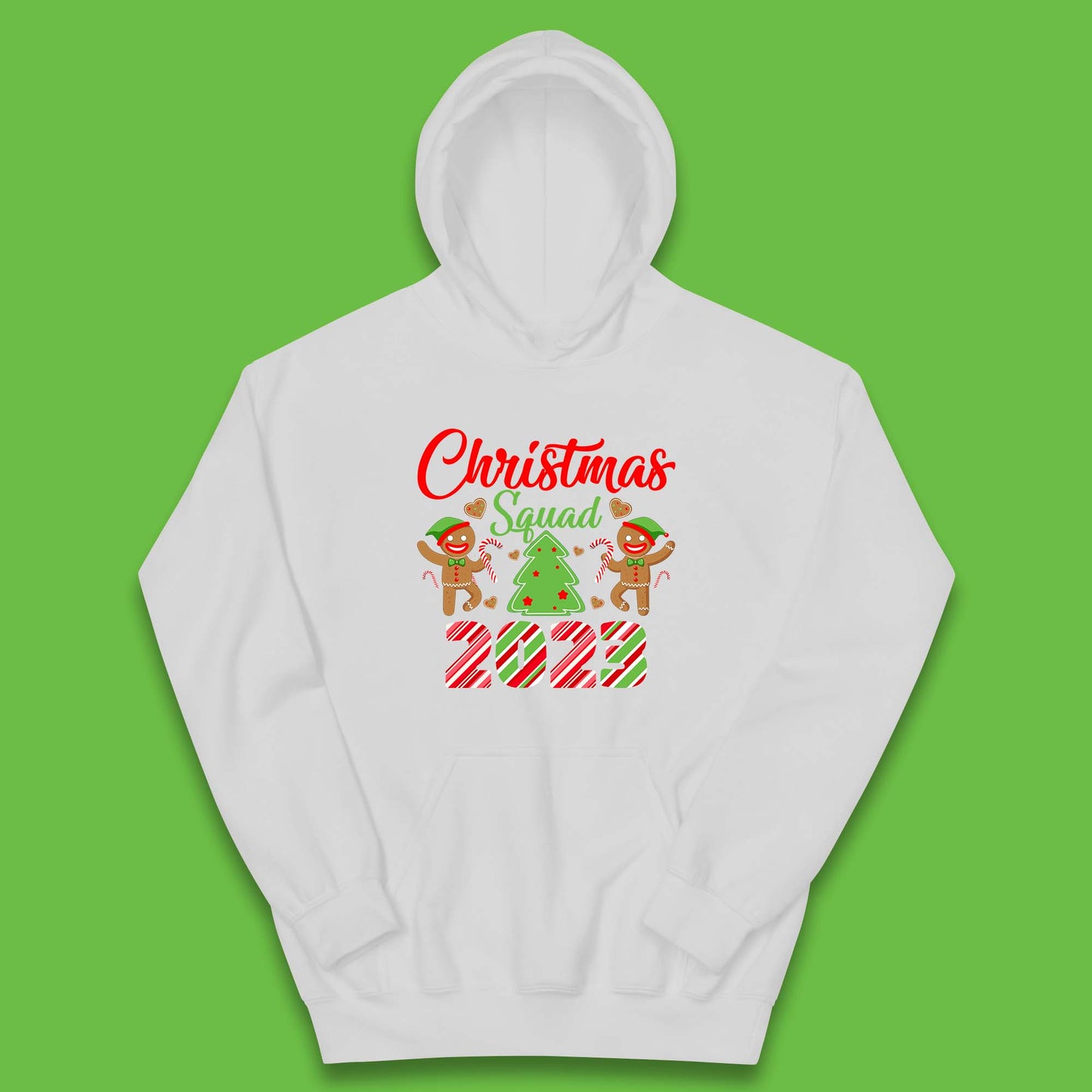 Christmas Squad 2023 Christmas Tree Xmas Gingerbread Man with Candy Cane Kids Hoodie