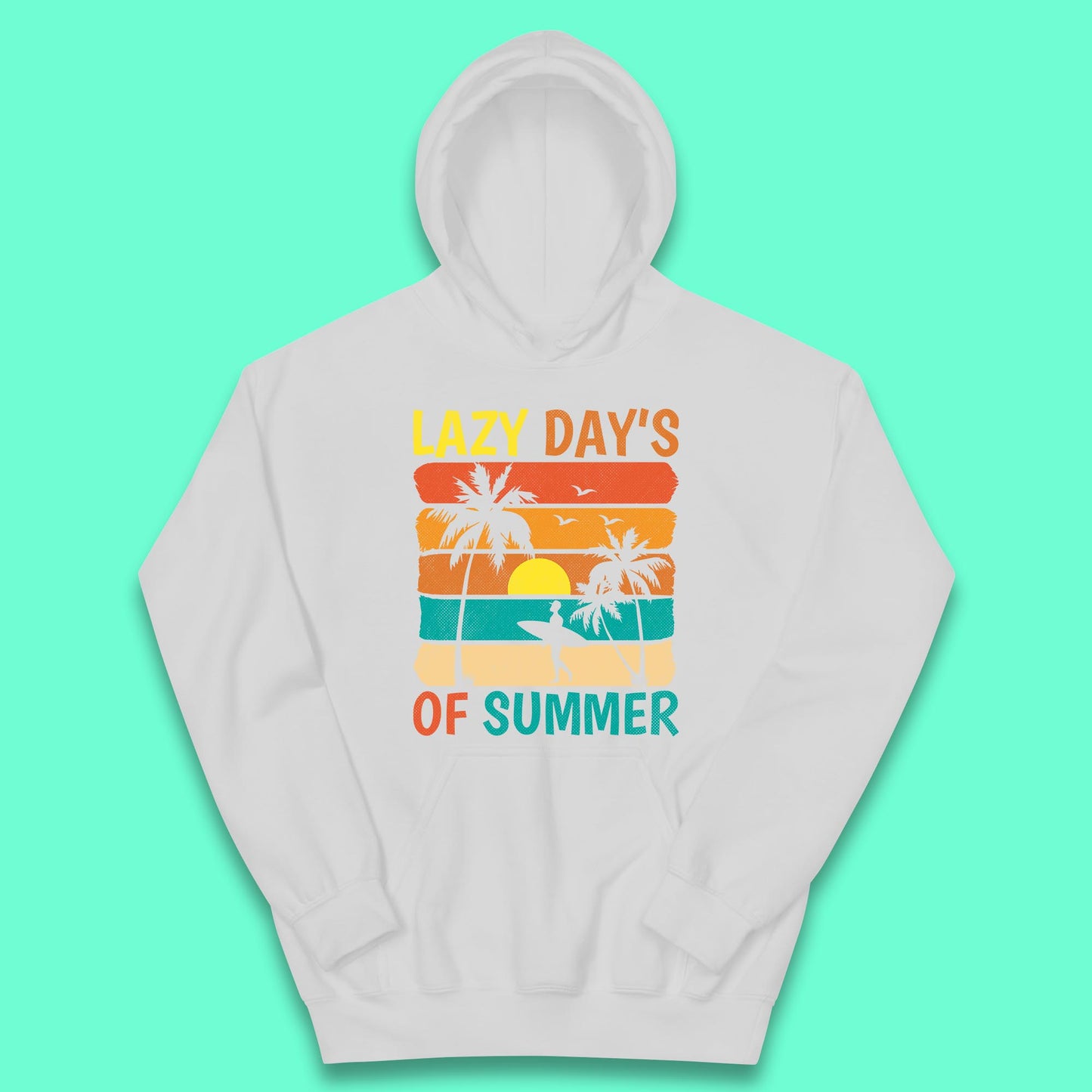 Lazy Days Of Summer Vintage Retro Sunset Surfer Beach Palm Trees Kids Hoodie