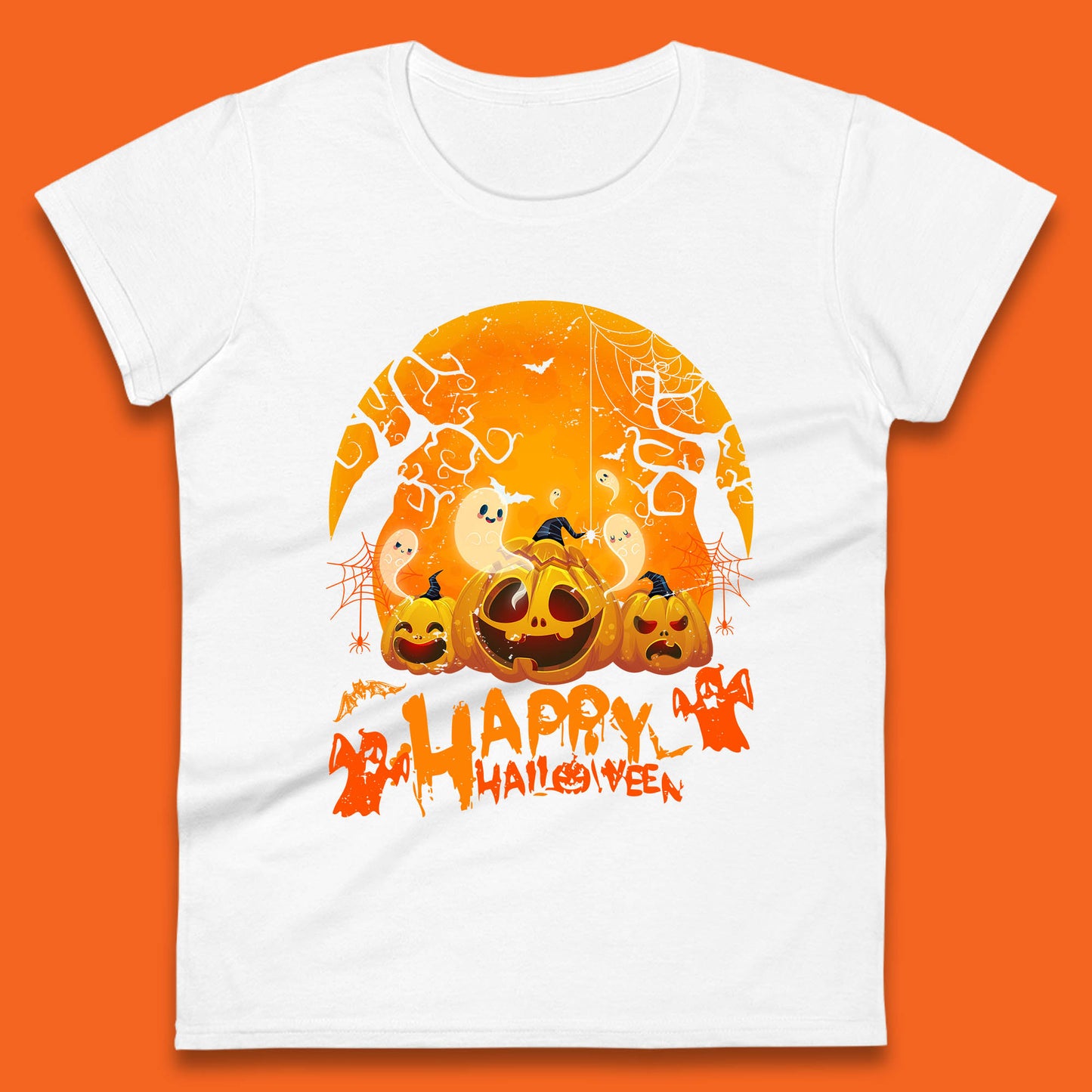 Happy Halloween Jack O Lantern Pumpkins Scary Boo Ghost Haunted Trees Womens Tee Top