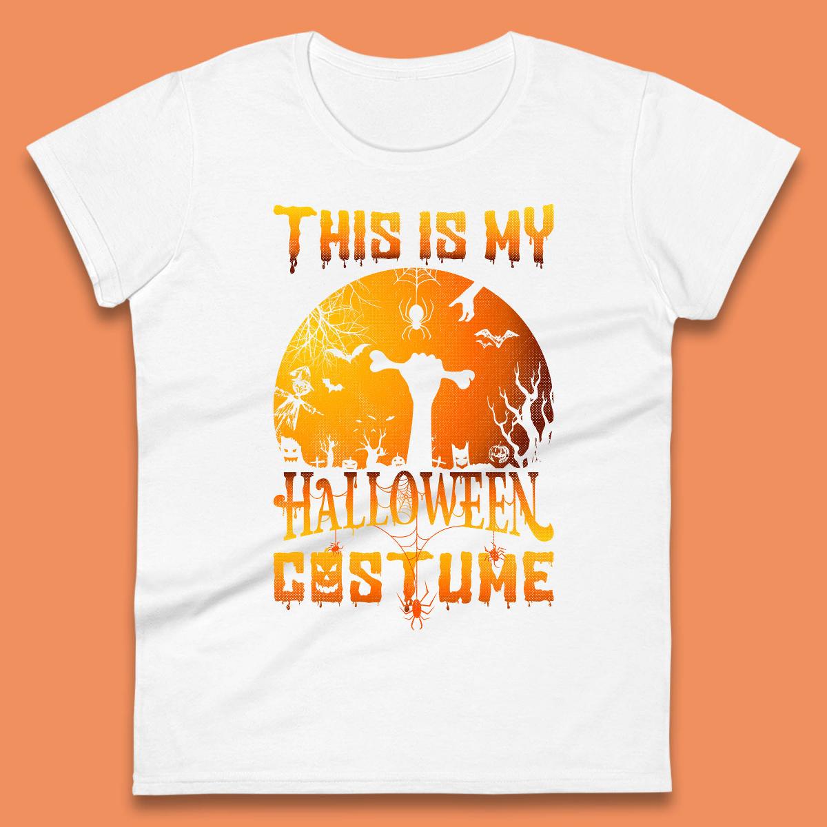 This Is My Halloween Costume Zombie Hand Rising Out Of A Graveyard & Holding Bone In Spooky Night Womens Tee Top