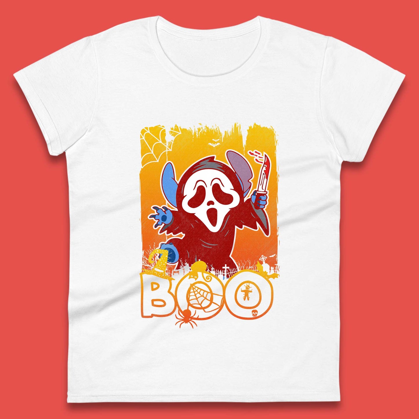Stitch Scream Ghostface Disney Halloween Horror Movie Disney Lilo & Stitch Womens Tee Top