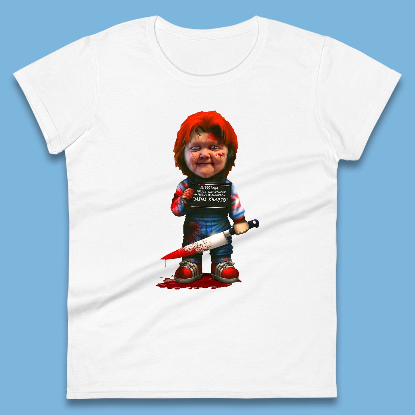 Chucky Mug Shot Russian Police Dept Hasbulla Magomedov Chucky Mini Khabib Inspired Halloween Horror Movie Good Guy Chucky Womens Tee Top
