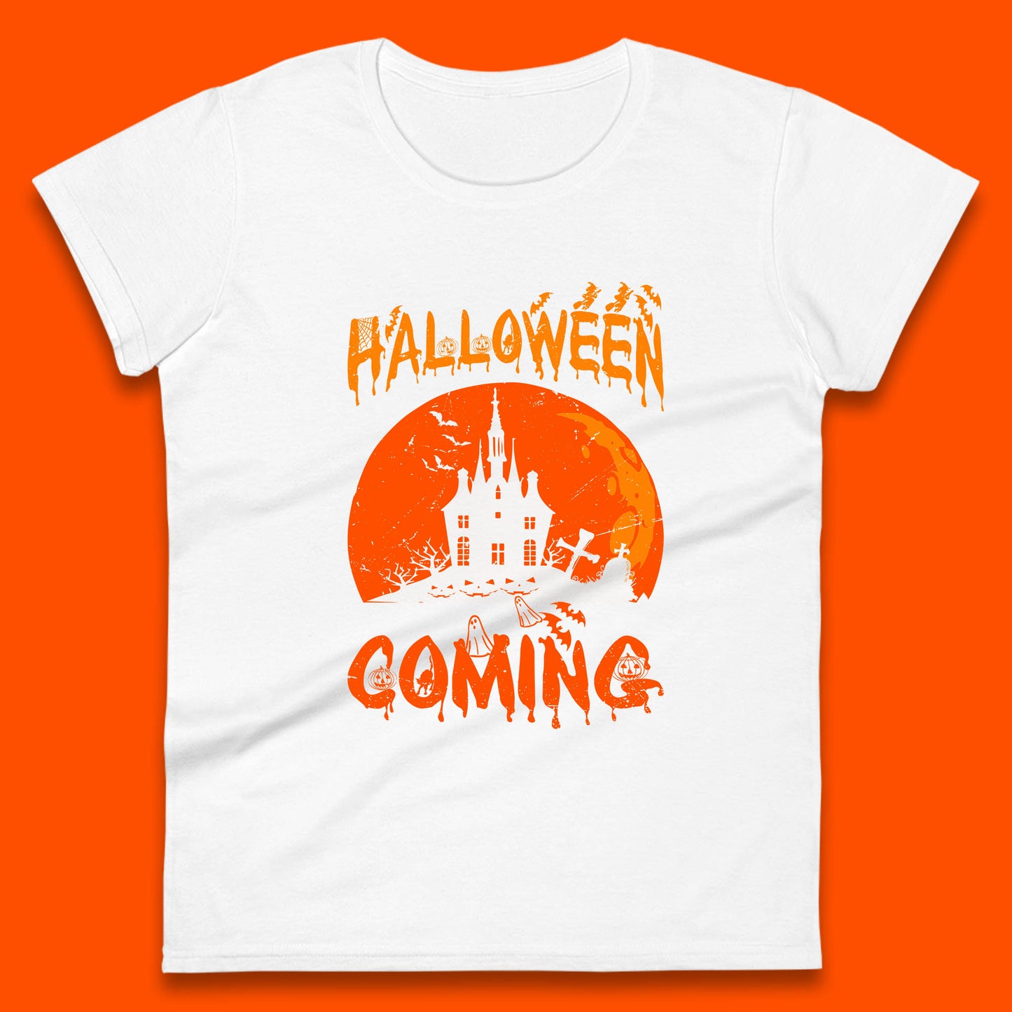 Halloween Coming Horror Scary Ghost Haunted House Spooky Season Womens Tee Top