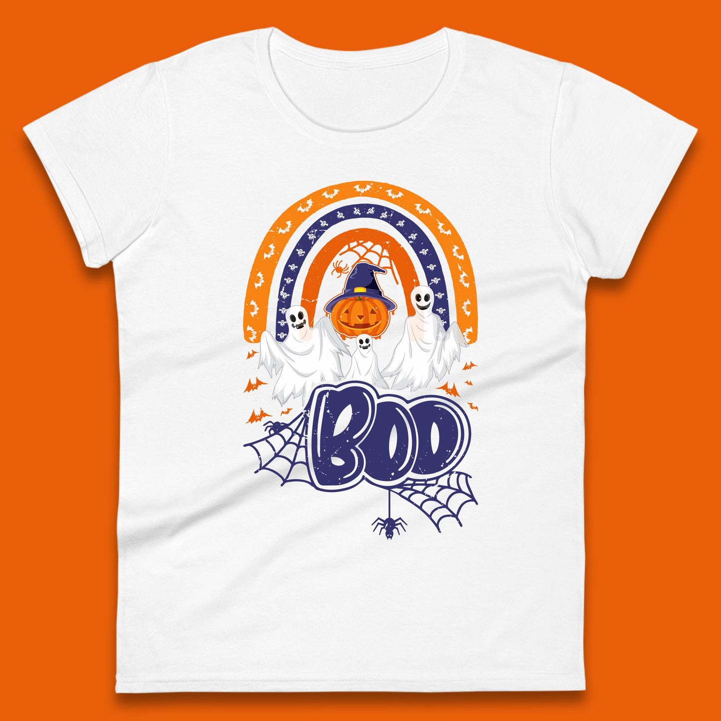Halloween Boo Ghosts With Witch Pumpkin Scary Spooky Season Womens Tee Top