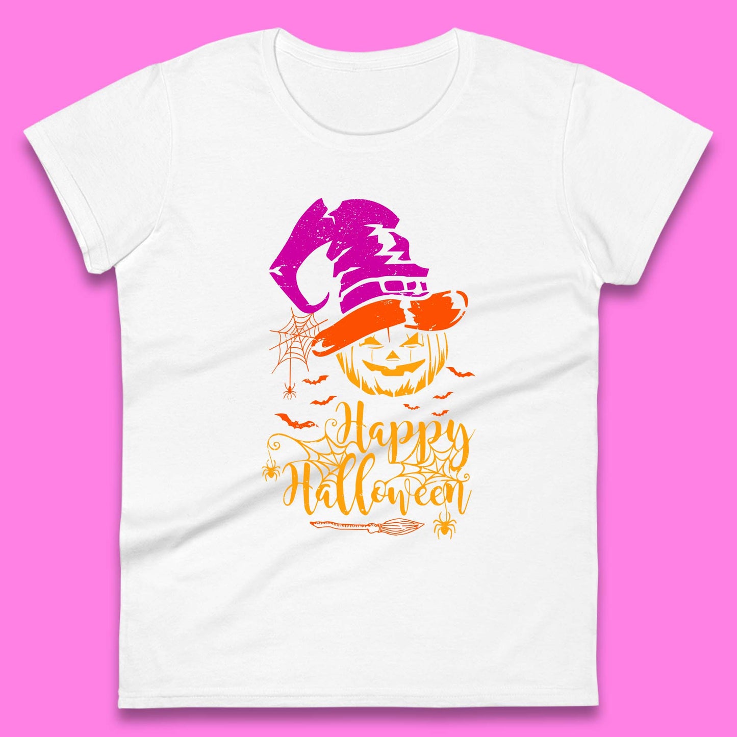 Happy Halloween Witch Hat Pumpkin Horror Scary Jack-o-lantern Flying Bats Womens Tee Top