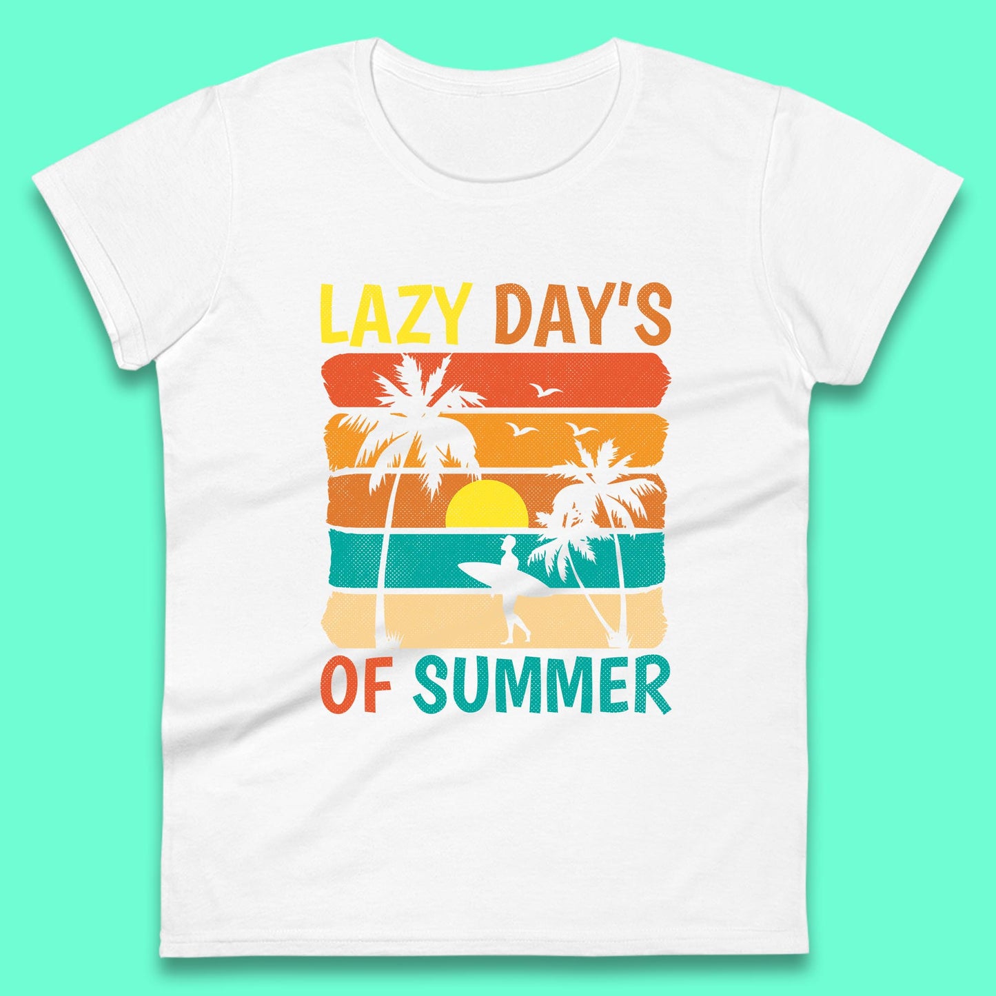 Lazy Days Of Summer Vintage Retro Sunset Surfer Beach Palm Trees Womens Tee Top