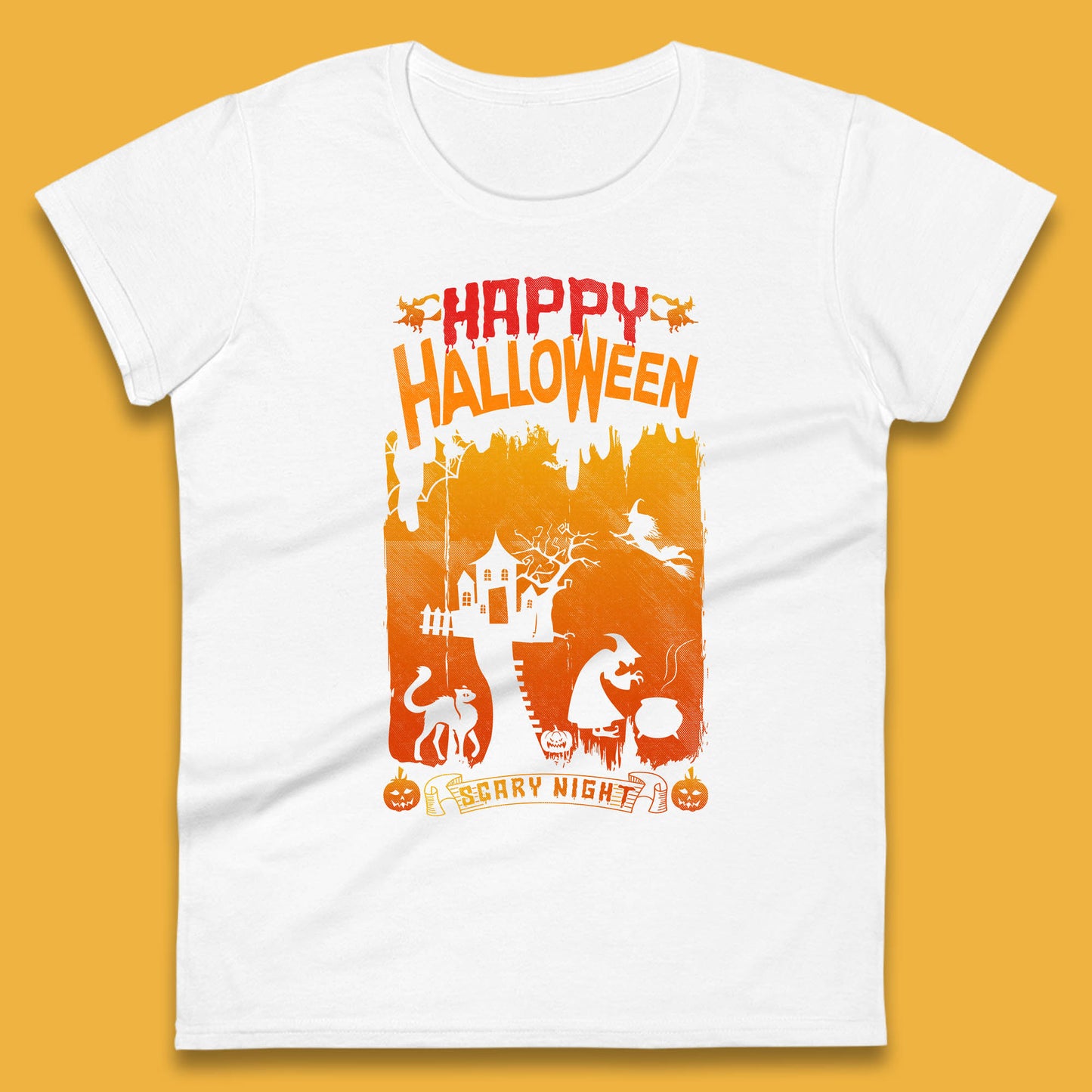 Happy Halloween Horror Hunted House Flying Witch Scary Spooky Night Womens Tee Top