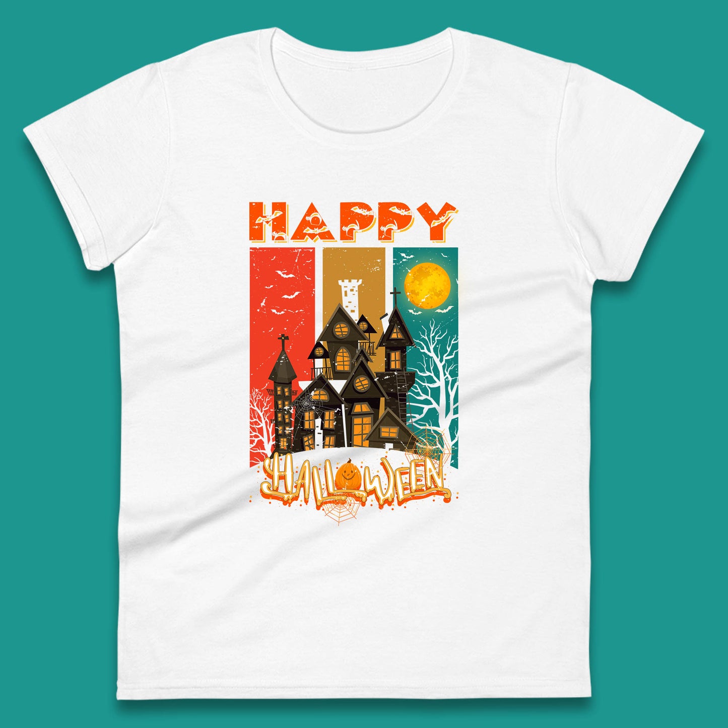 Happy Halloween Vintage Style Horror Scary Haunted House Womens Tee Top
