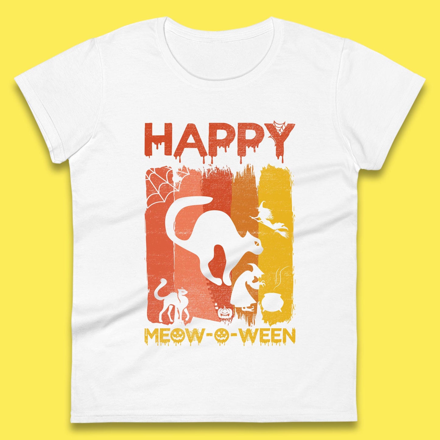 Happy Meow-O-ween Funny Halloween Black Cat Scary Spooky Womens Tee Top