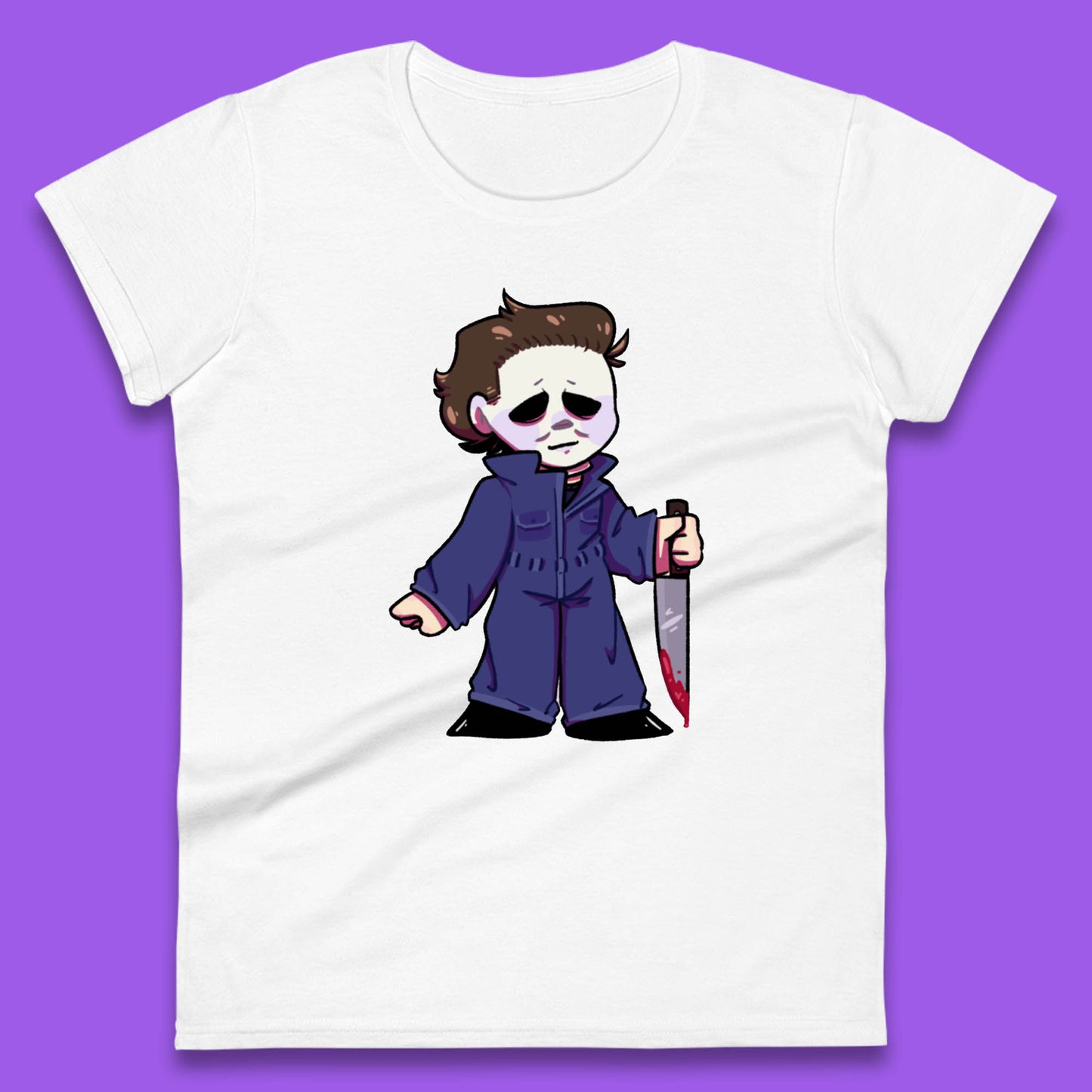 Chibi Michael Myers Holding Bloody Knife Halloween Serial Killer Horror Movie Character Womens Tee Top