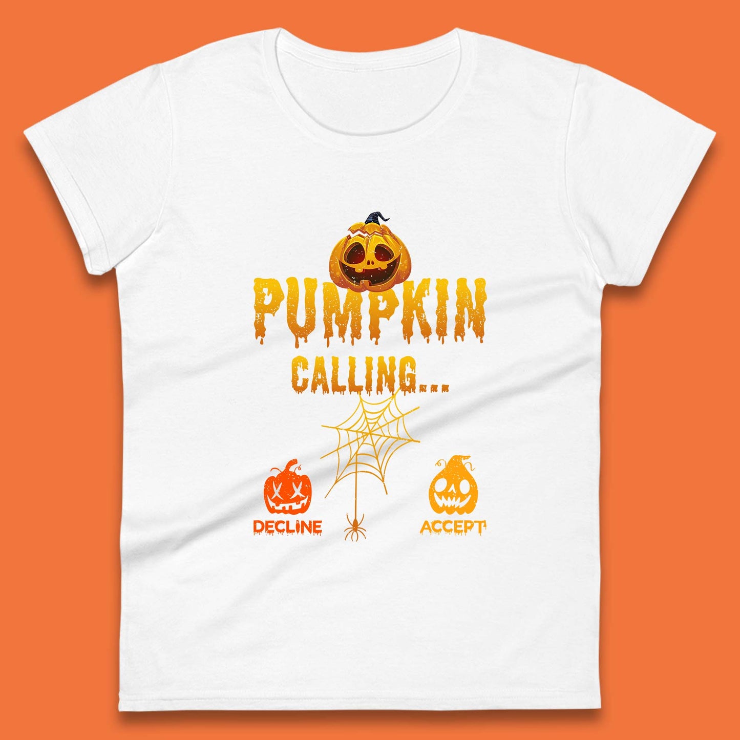 Halloween Pumpkin Calling Accept Decline Funny Jack O Lantern Horror Scary Phone Call Womens Tee Top