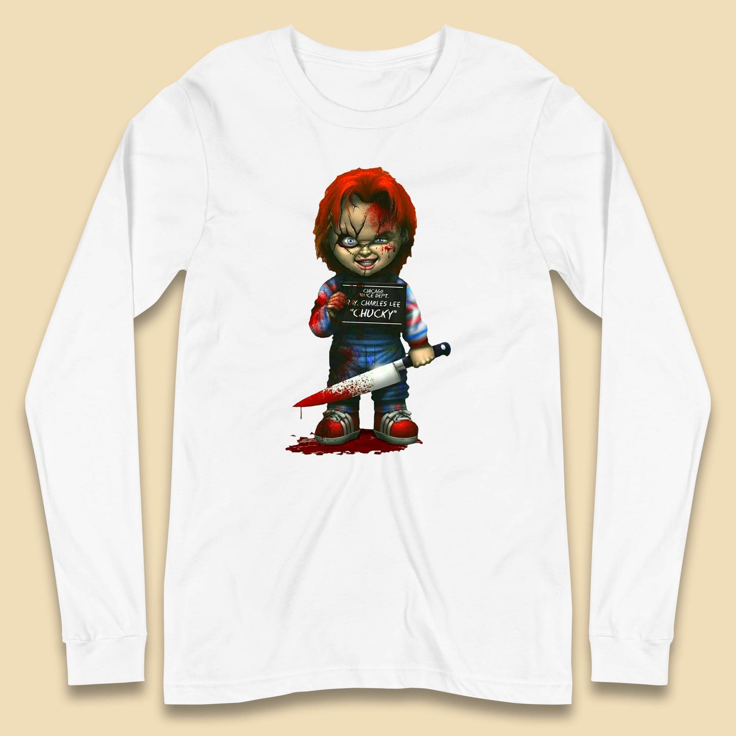 Chucky Mug Shot Chicago Police Dept Ray Charles Lee Chucky Halloween Horror Movie Long Sleeve T Shirt