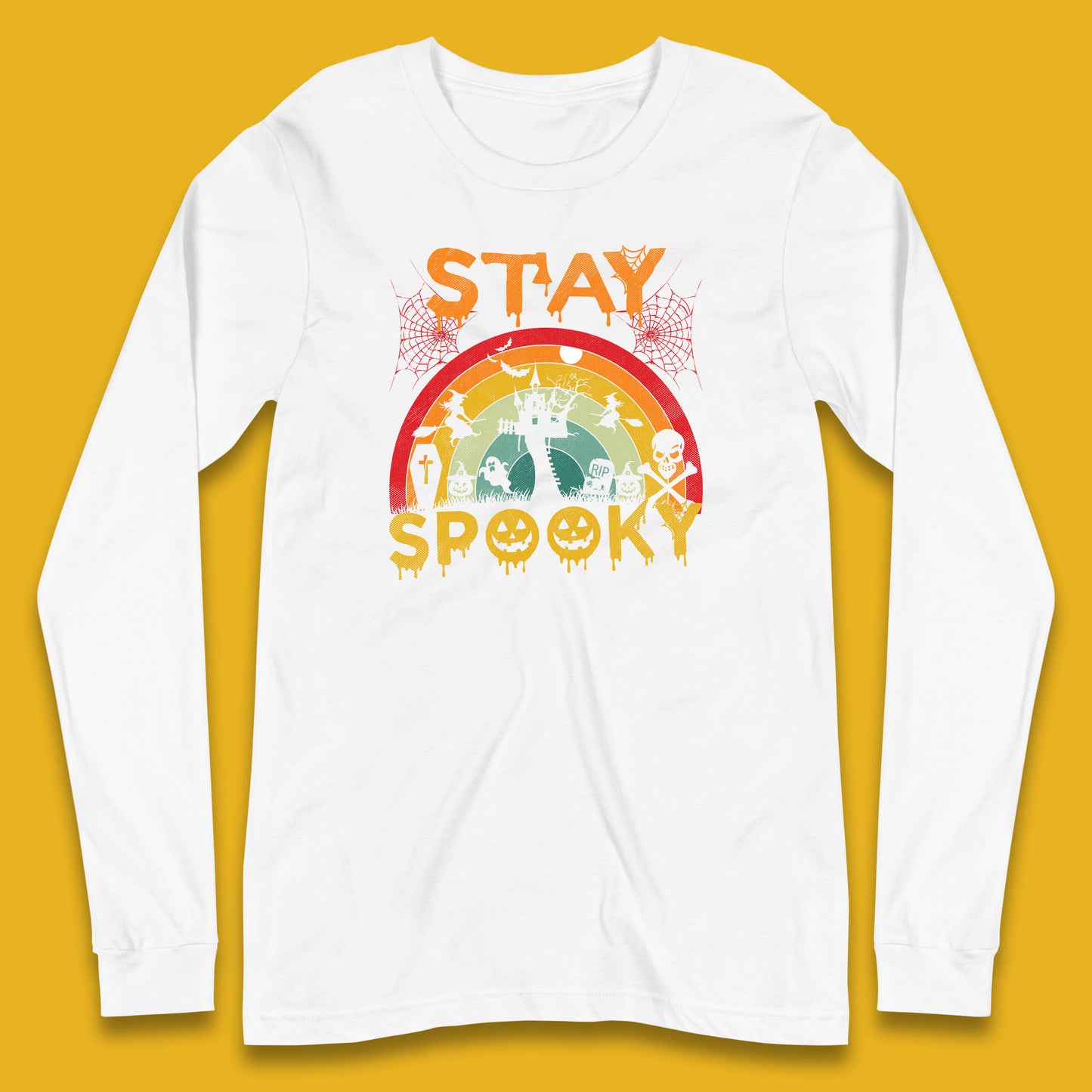 Stay Spooky Vintage Halloween Hunted House Dark Night Full Moon And Flying Bats Long Sleeve T Shirt