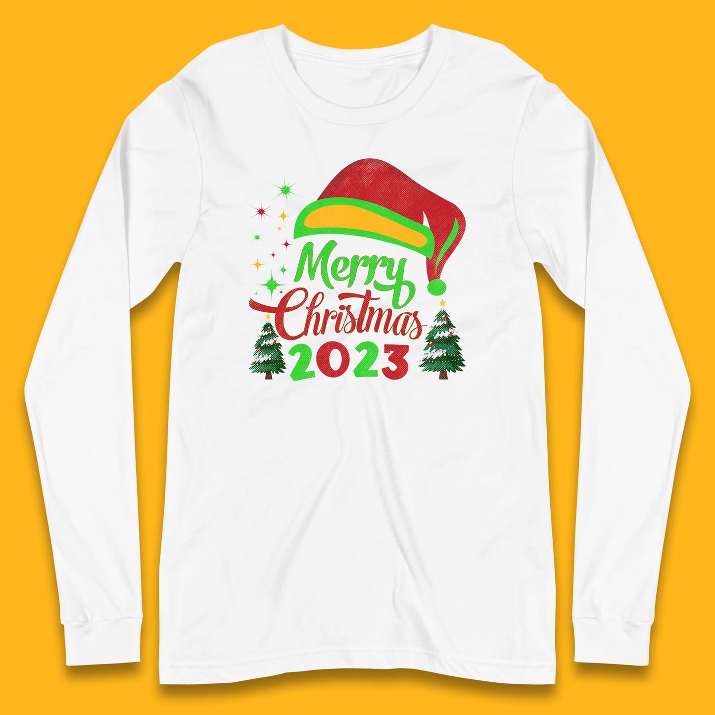 Merry Christmas 2023 Elf Hat Christmas Trees Xmas Gift Long Sleeve T Shirt