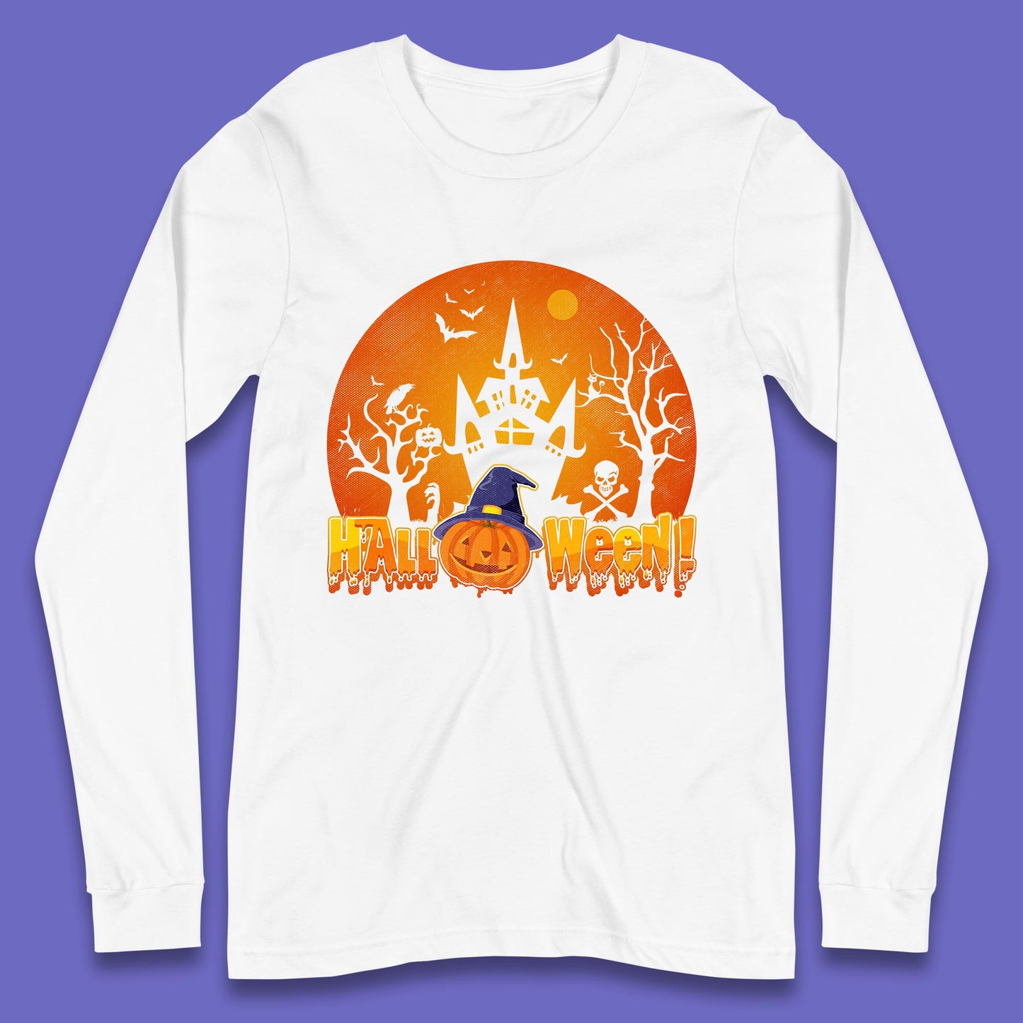 Halloween Pumpkin Witch Hat Haunted Castle Flying Bats Skull Bones Scary Dark Night Long Sleeve T Shirt