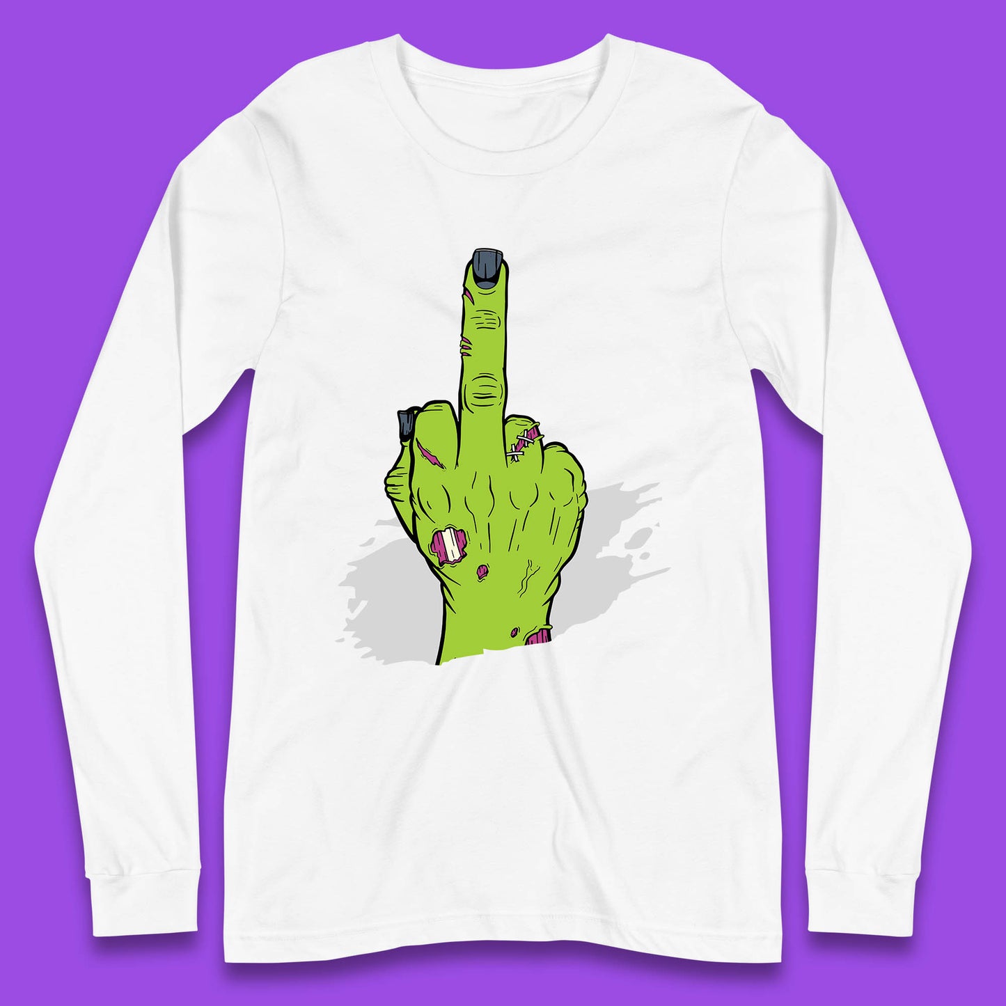Halloween Green Zombie Hand Showing The Middle Finger Sarcastic Rude Long Sleeve T Shirt
