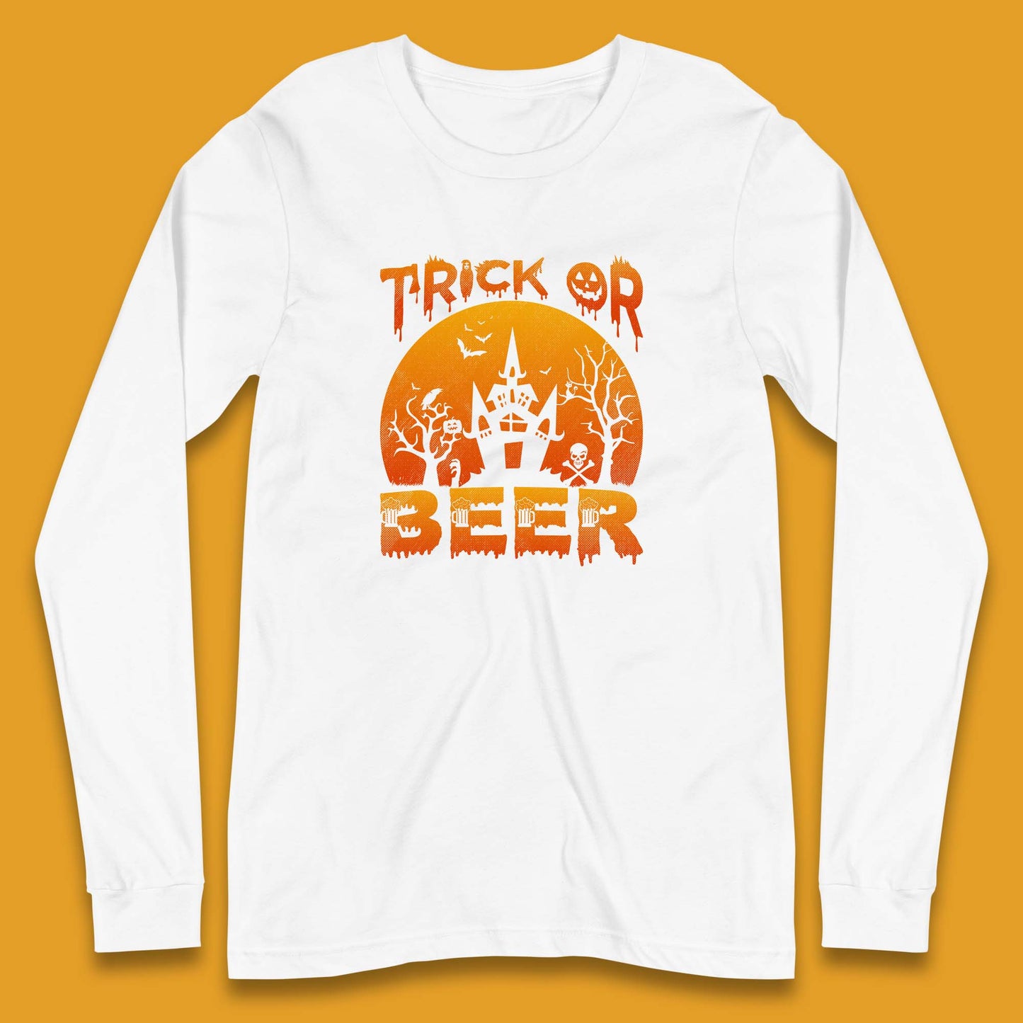 Trick Or Beer Halloween Drinking Beer Lover Horror Haunted House Drinker Halloween Party Long Sleeve T Shirt
