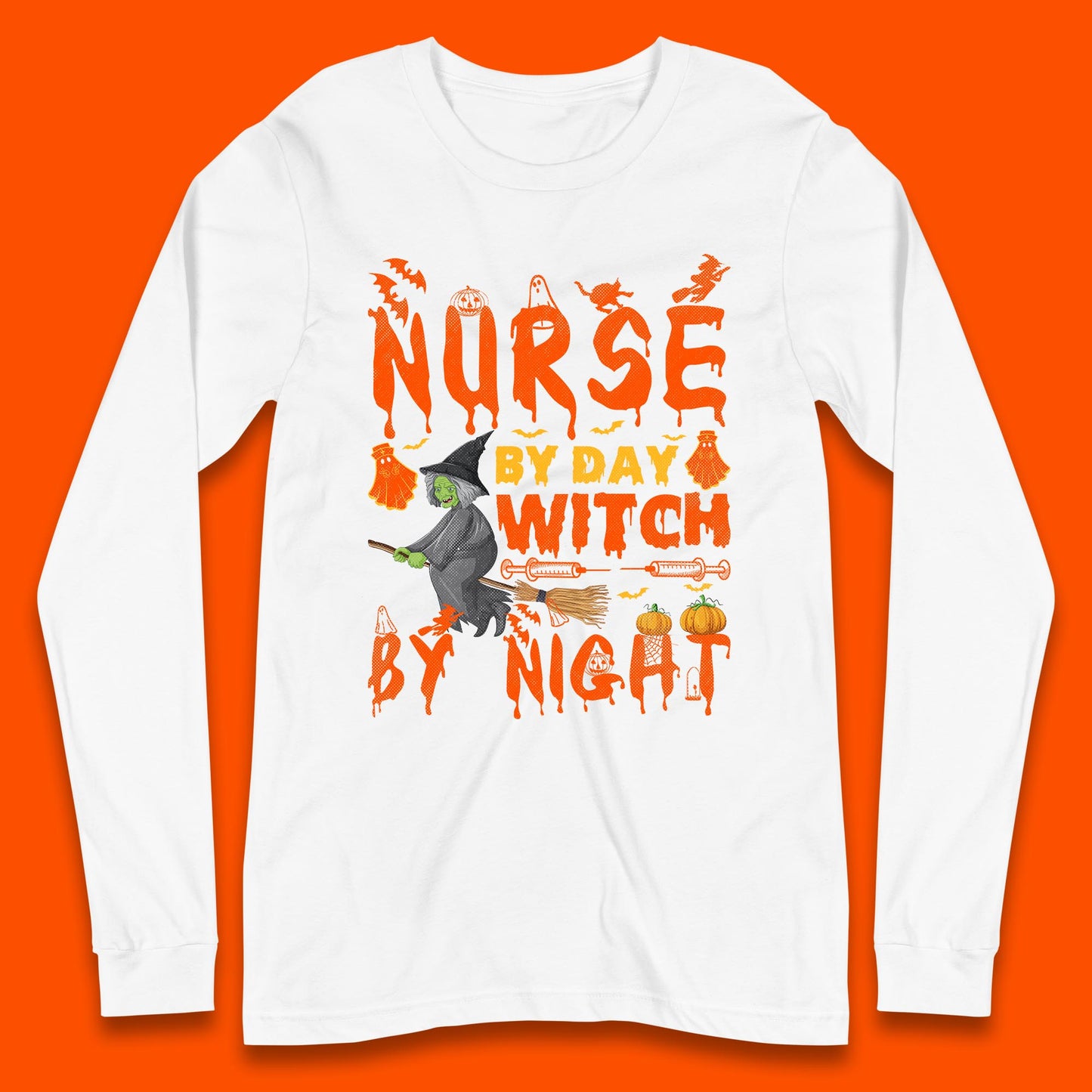 Nurse By Day Witch By Night Halloween Funny Nursing Spooky Nurse Long Sleeve T Shirt