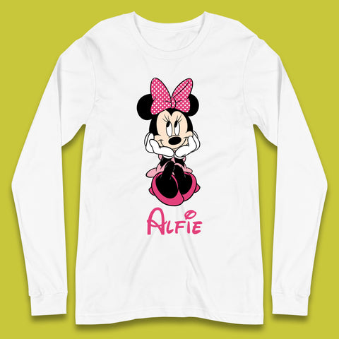 Personalised Sitting Disney Mickey Mouse Minnie Mouse Your Name Cute Cartoon Character Disney World Long Sleeve T Shirt