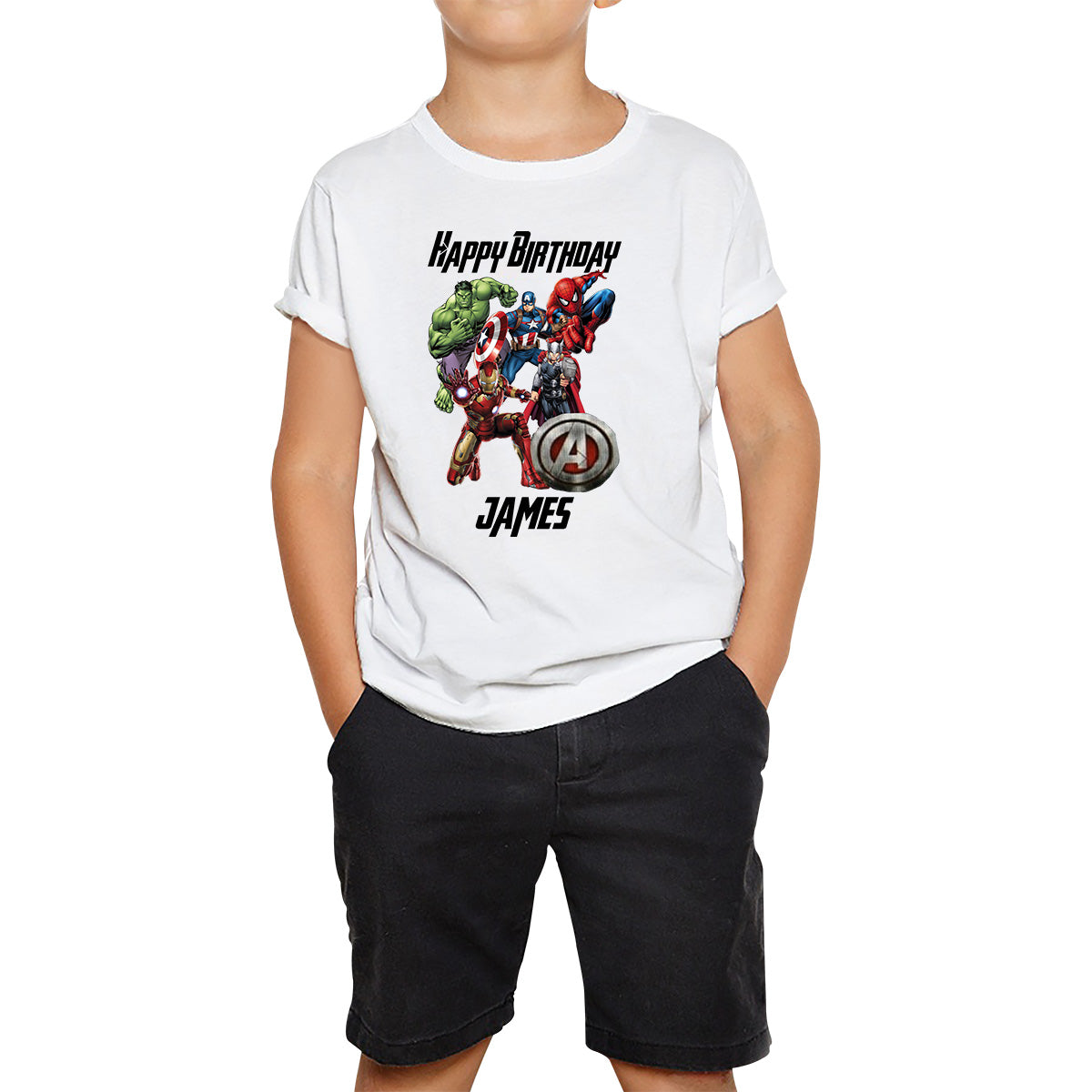 Personalised Happy Birthday Your Name Marvel Avengers Super Heroes Movie Characters Birthday Party Kids T Shirt