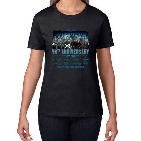Disney Star Wars Day 46th Anniversary 1977-2023 The Mandalorian Characters Signatures Thank You For The Memories Womens Tee Top