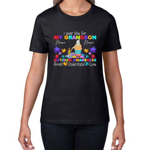Personalised I Wear Blue For My Grandson Autism Awareness Accept Understand Love Grand Mother & Grand Son Name Autism Warrior Puzzle Pieces Womens Tee Top