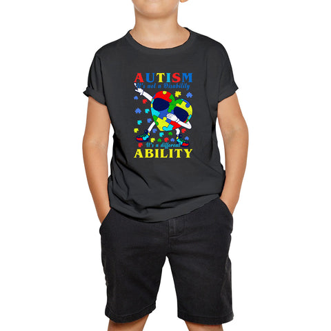 Autism It's Not A Disability Dabbing Autism Heart With Glasses Autism Awareness Puzzle Piece Dab Dance Kids T Shirt