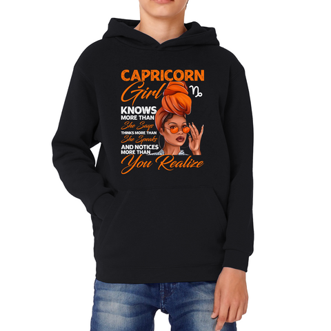 Capricorn Girl Knows More Than Think More Than Horoscope Zodiac Astrological Sign Birthday Kids Hoodie