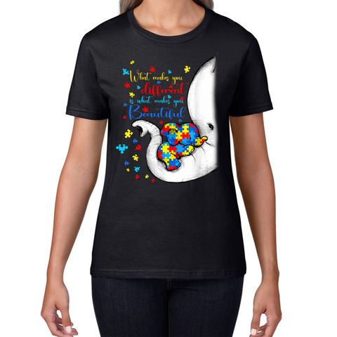 Autism Awareness Elephant What Makes You Different Is What Makes You Beautiful Ladies T Shirt
