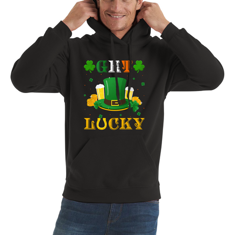 Happy St Patrick's Day Leprechaun Hat Get Lucky Funny St Patricks Day Celebrations Irish Festival Unisex Hoodie