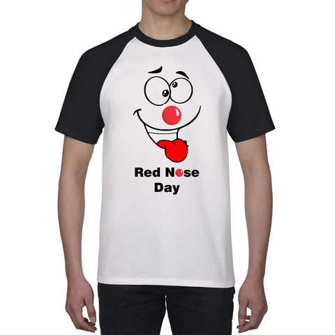 Funny Emoji Face Red Nose Day Baseball T Shirt. 50% Goes To Charity