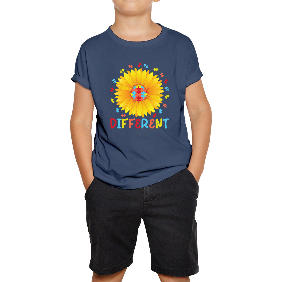 Different Sunflower Autism Awareness Month Sunflower Puzzle Acceptance Autism Support Kids T Shirt