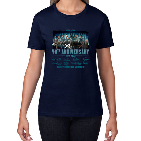 Disney Star Wars Day 46th Anniversary 1977-2023 The Mandalorian Characters Signatures Thank You For The Memories Womens Tee Top