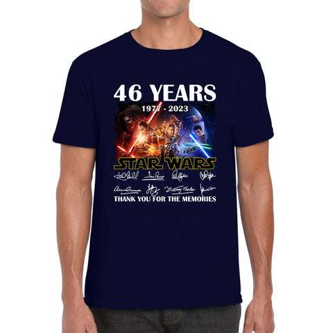 Disney Star Wars Day 46th Anniversary 1977-2023 The Force Awakens Characters Signatures Thank You For The Memories Mens Tee Top