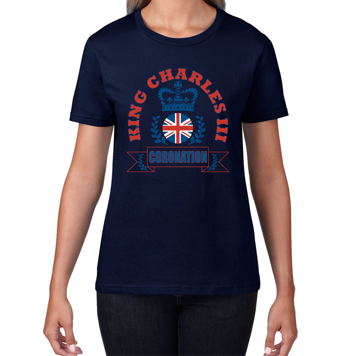 King Charles III 2023 Coronation God Save The King Royal Crown CR III His Majesty Union Jack Uk Flag Womens Tee Top