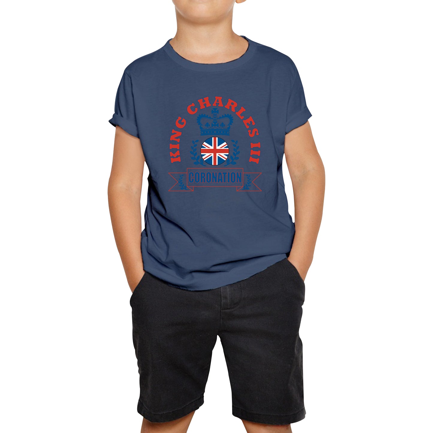 King Charles III 2023 Coronation God Save The King Royal Crown CR III His Majesty Union Jack Uk Flag Kids T Shirt