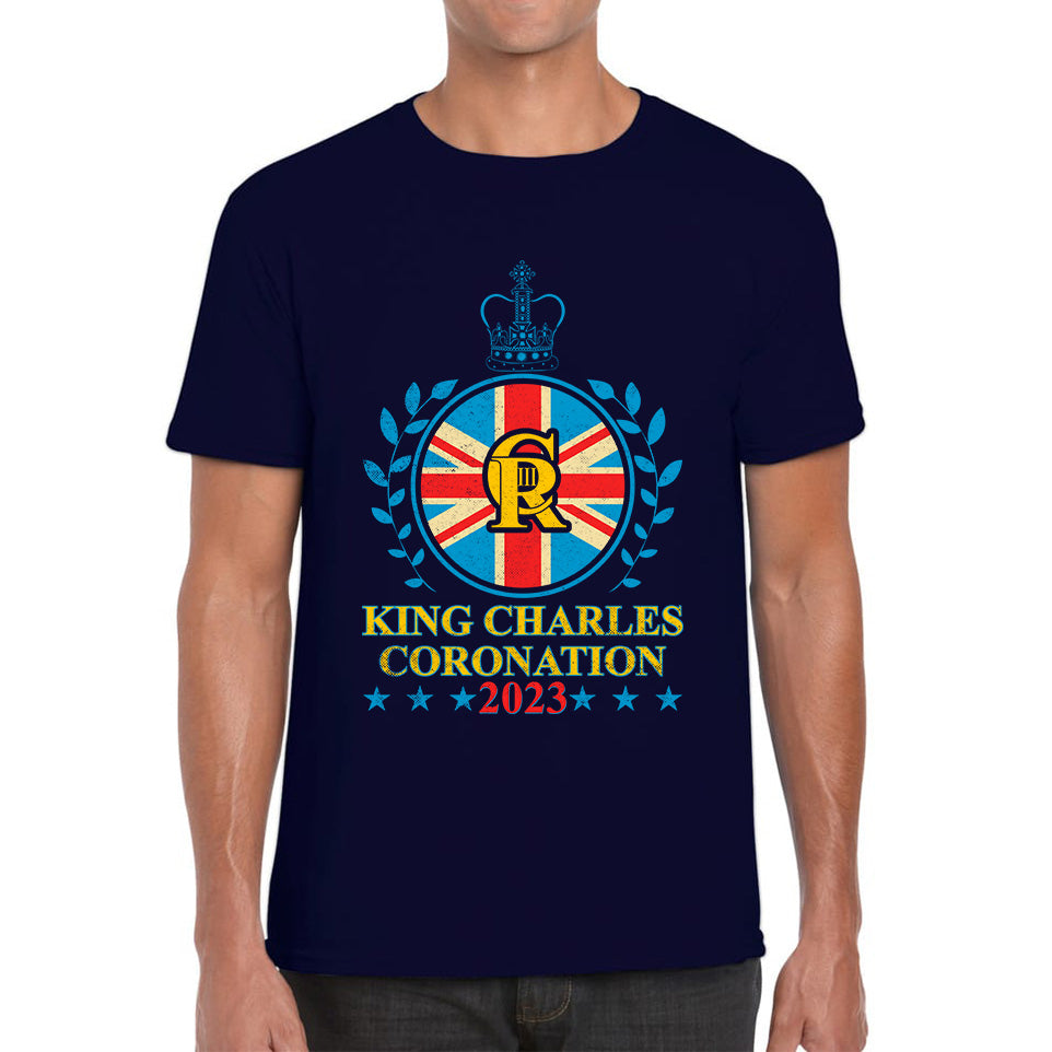 King Charles III Coronation 2023 Union Jack CR III Ruling Monarch Of England Great Britain Mens Tee Top