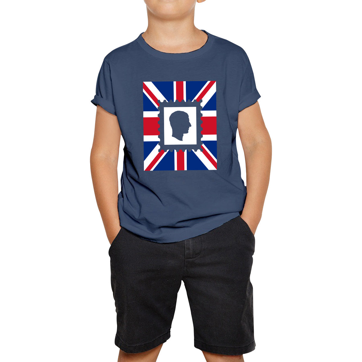 King Charles III Stamp United Kingdom Flag King Of England Royal Crown His Majesty Union Jack Kids T Shirt