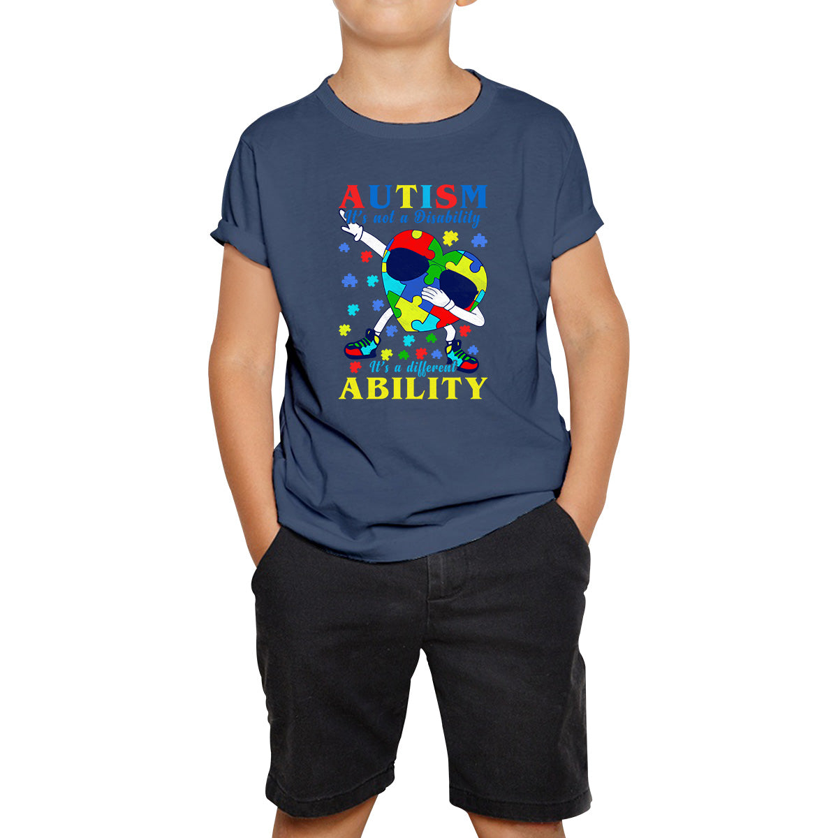 Autism It's Not A Disability Dabbing Autism Heart With Glasses Autism Awareness Puzzle Piece Dab Dance Kids T Shirt