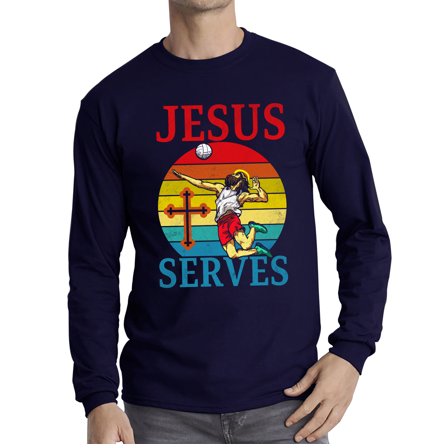 Jesus Serves Volleyball Vintage Jesus Christ Volleyball Sports Christian Religious Long Sleeve T Shirt