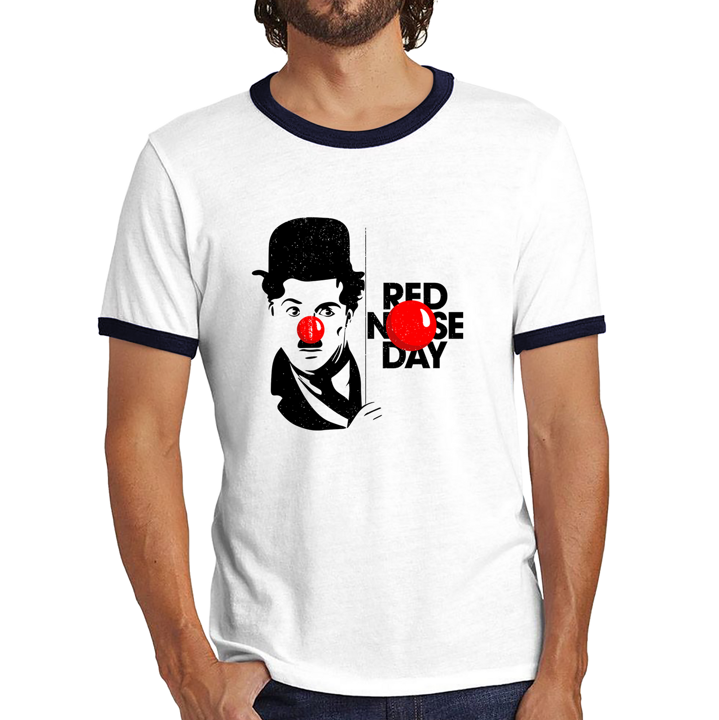 Charlie Chaplin Funny Red Nose Day Ringer T Shirt. 50% Goes To Charity