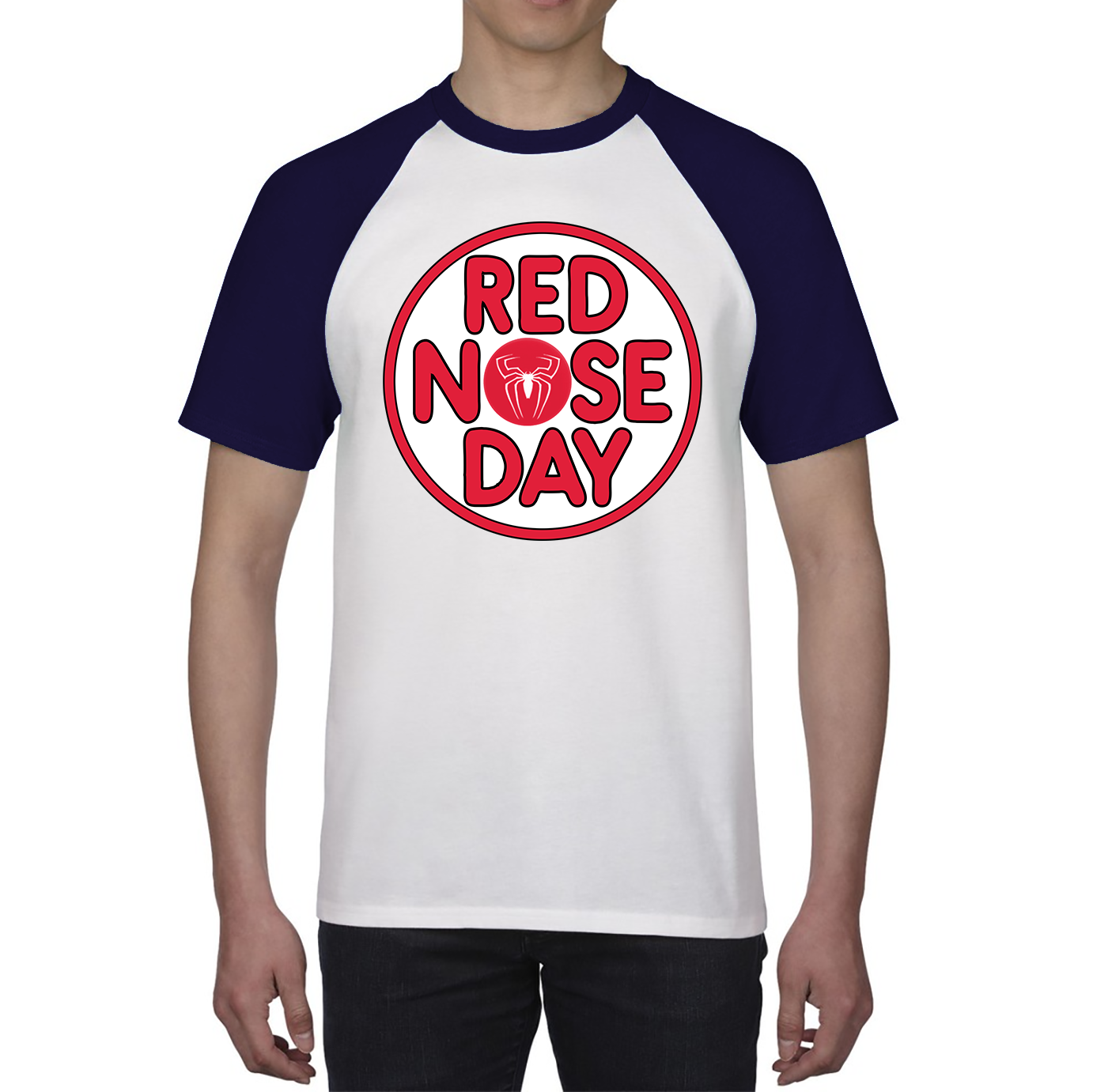 Spider Man Red Nose Day Baseball T Shirt. 50% Goes To Charity