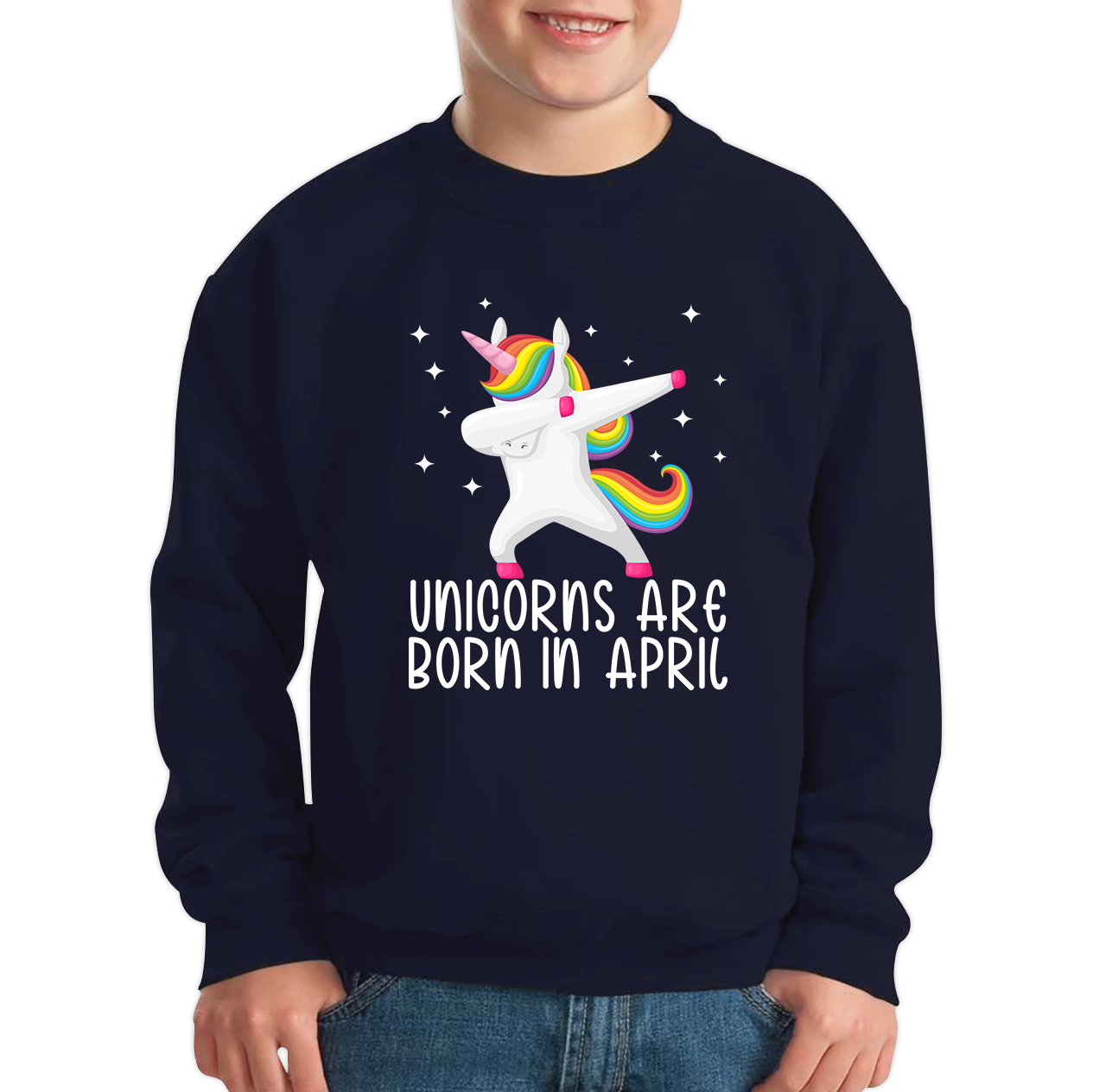 Unicorns Are Born In April Dabbing Unicorn Funny Birthday Month Novelty Slogan Kids Jumper