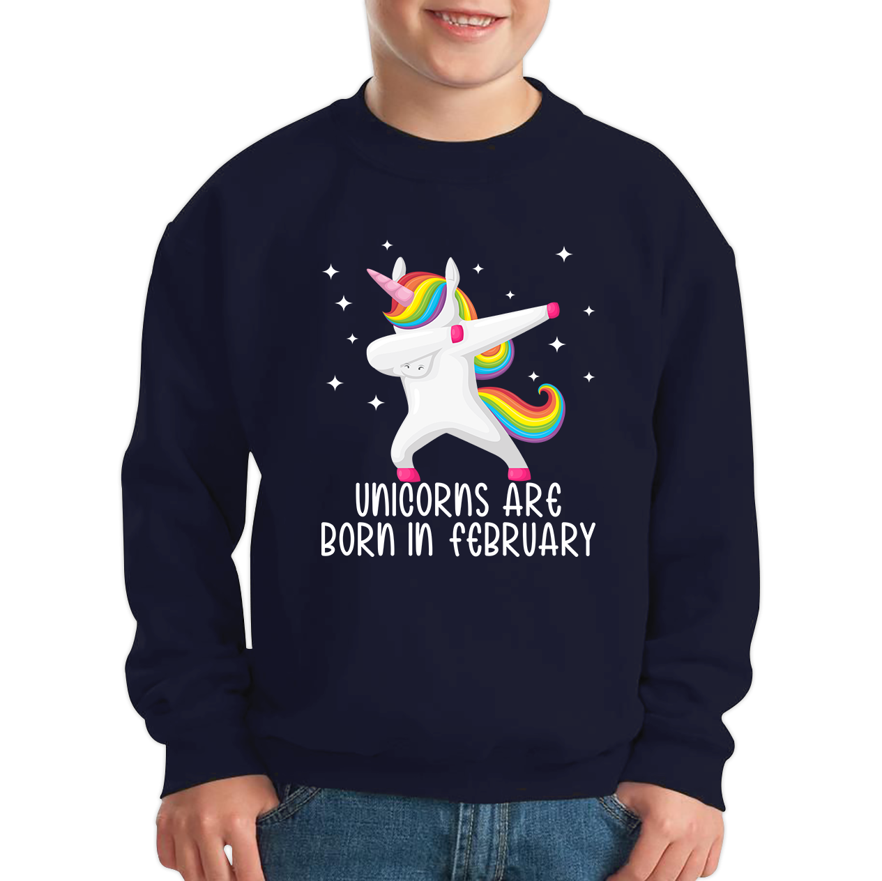 Unicorns Are Born In February Dabbing Unicorn Funny Birthday Month Novelty Slogan Kids Jumper
